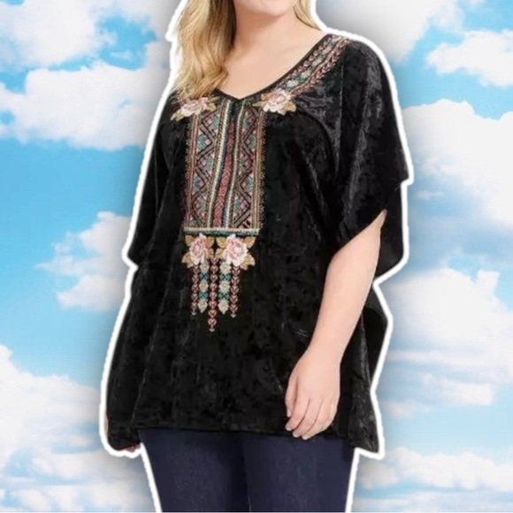 ANDREE BY UNIT Crushed Velvet Floral Embroidery Caftan Top Boho Stevie Nicks - Picture 3 of 12